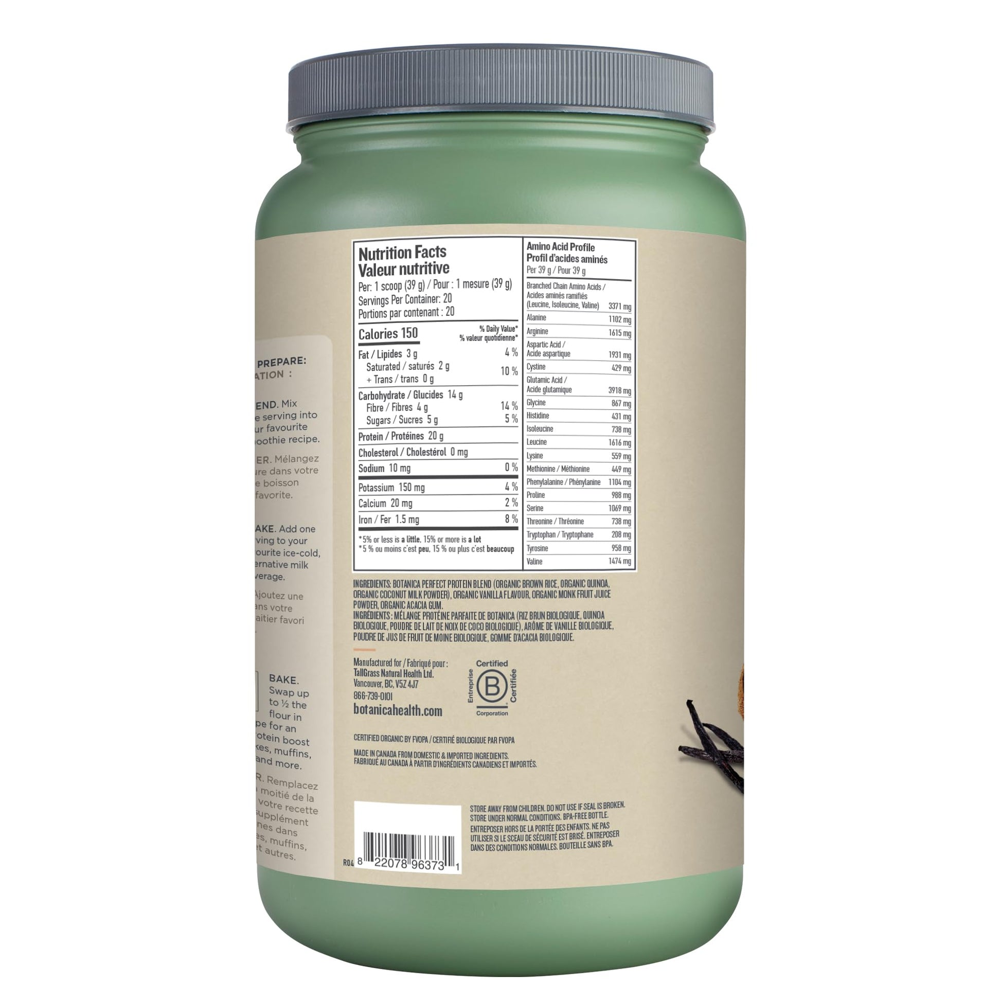 Botanica Organic Vegan Perfect Protein Powder – Plant-Based, Gluten Free, Stevia & Sugar Free – 20 g Protein + 3.4 g BCAAs per Serving, Vanilla, 780 g