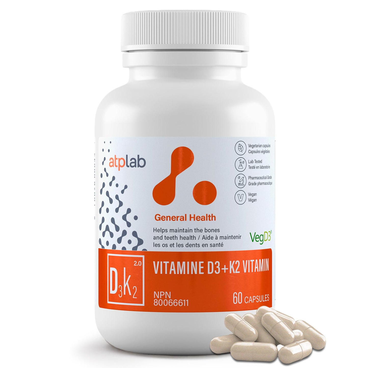 ATP LAB Vitamin D3K2 Supplement - 60 Vegetarian Capsules - 60 Day Supply - Plant-Based K2 MK-7 60 mcg & D3 1000 IU - Supports Bone & Teeth Health - Available at All In One Marketplace Canada
