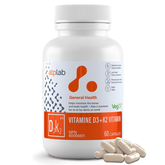 ATP LAB Vitamin D3K2 Supplement - 60 Vegetarian Capsules - 60 Day Supply - Plant-Based K2 MK-7 60 mcg & D3 1000 IU - Supports Bone & Teeth Health - Available at All In One Marketplace Canada