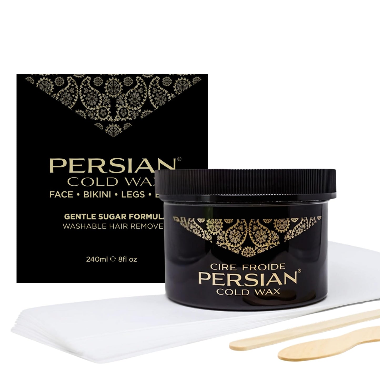 Persian Cold Wax Kit, Hair Removal Sugar Wax for Body Waxing Women & Men, 8 oz (240ml) wax, 20 strips, 2 spatulas. - Available at All In One Marketplace Canada