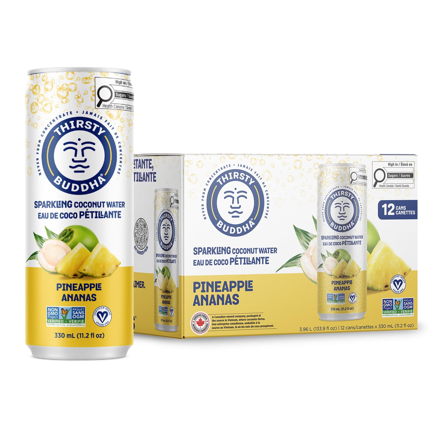 THIRSTY BUDDHA Sparkling Coconut Water with Pineapple – Sugar-Free, Electrolyte-Rich Hydration, 12 Pack (12 x 330ml)