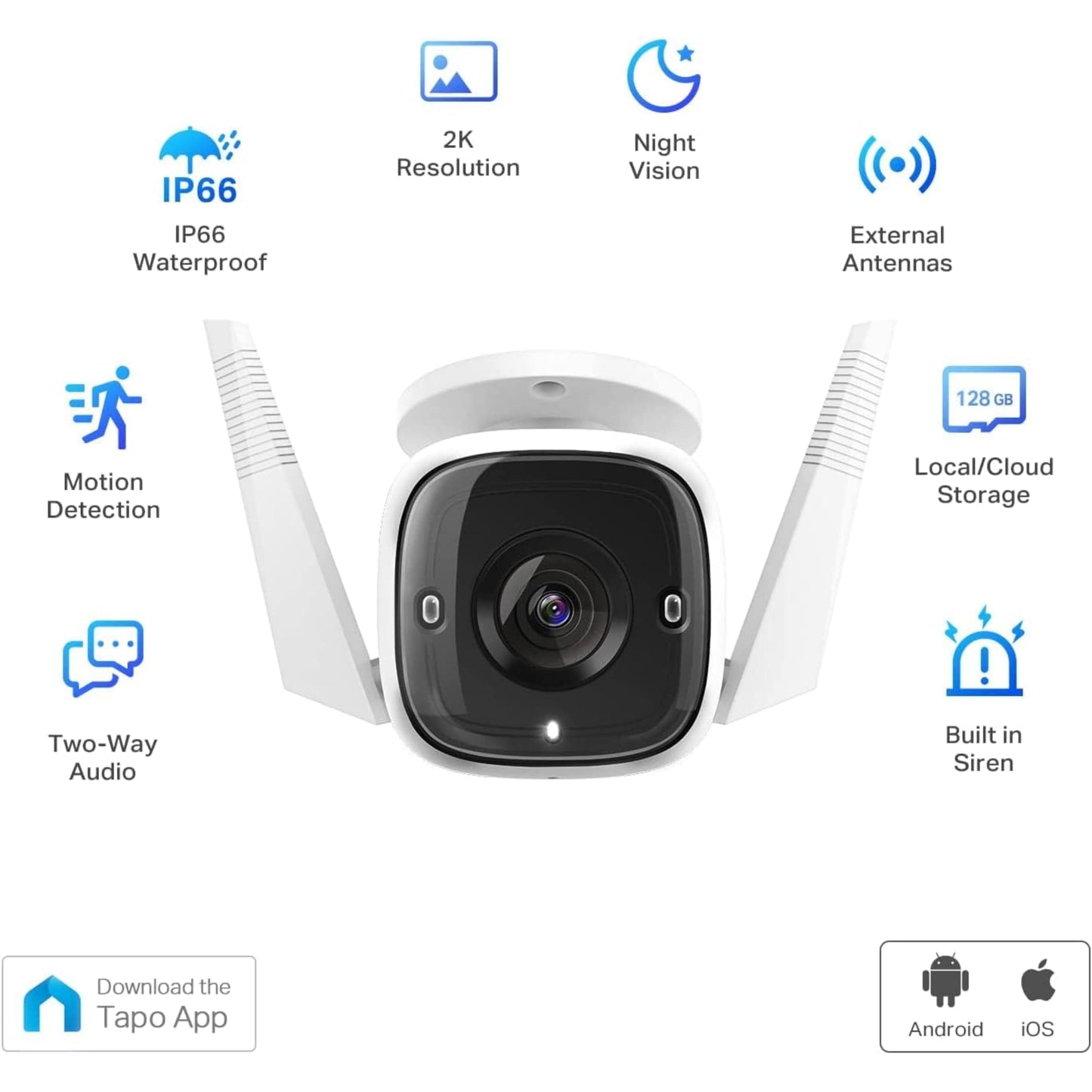 TP-Link Tapo 2K HD Security Camera Outdoor Wired, Built-in Siren, Night Vision, IP66 Weatherproof, Motion/Person Detection, Works w/Alexa & Google Home, Cloud/SD Card Storage, 2-Way Audio,White