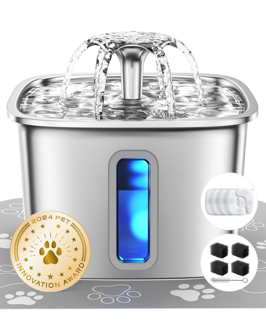 Veken Innovation Award Winner Stainless Steel Cat Water Fountain, 108oz/3.2L Pet Fountain with 4 Replacement Filters & 4 Pre-Filter Sponges & Silicone Mat, for Cats, Dogs (Silver)