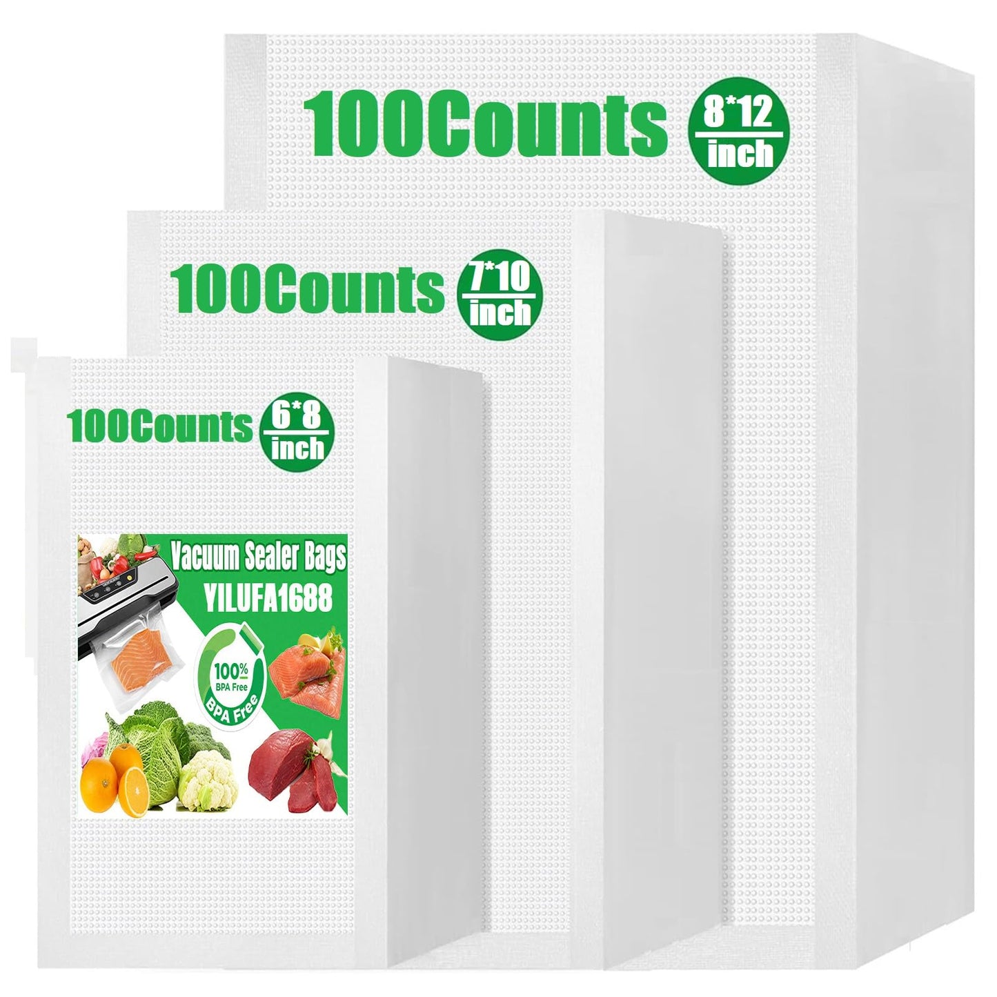 YILUFA1688 Vacuum Sealer Bags 300 Count, Pre-Cut Mixed Sizes (8"x12", 7"x10", 6"x8"), Commercial Grade Heavy Duty BPA-Free Bags, Freezer Safe, Sous Vide & Compatible with All Vacuum Sealers