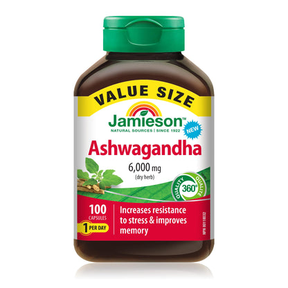 Jamieson High-Potency Ashwagandha 6,000 mg, Increases Resistance to Stress, Adaptogen, and Enhances Memory. Non-GMO, Vegetarian, Gluten-Free, Only One Per Day, Value Size, 100 Capsules - Available at All In One Marketplace Canada