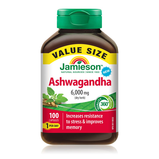 Jamieson High-Potency Ashwagandha 6,000 mg, Increases Resistance to Stress, Adaptogen, and Enhances Memory. Non-GMO, Vegetarian, Gluten-Free, Only One Per Day, Value Size, 100 Capsules - Available at All In One Marketplace Canada