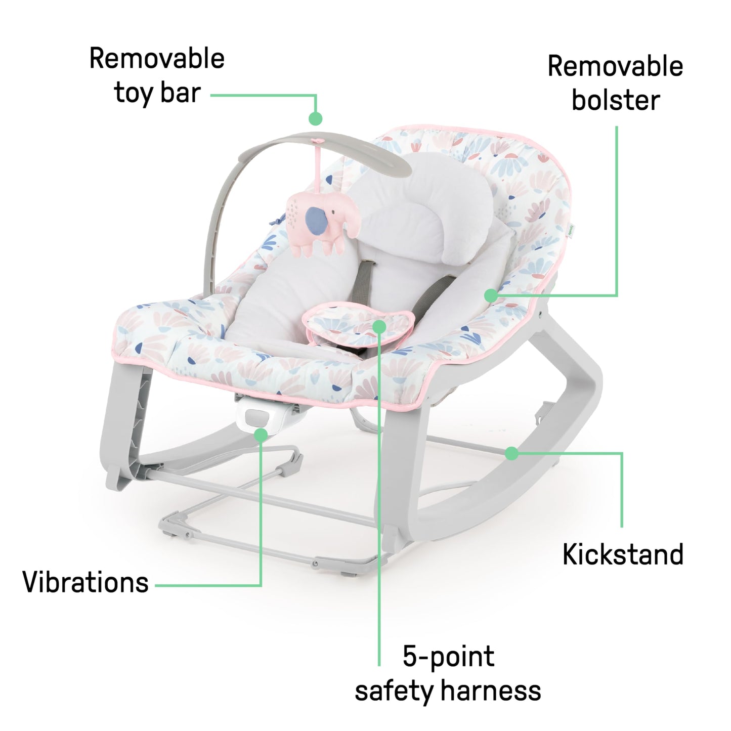 Ingenuity Keep Cozy 3-in-1 Grow with Me Vibrating Baby Bouncer Seat & Infant to Toddler Rocker, Vibrations & Toy Bar, 0-30 Months Up to 40 lbs (Pink Burst) 🍁 All In One Marketplace Canada