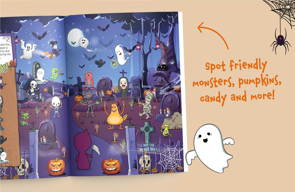Jeu d'observation Halloween 2 en 1 : Trouvez des monstres amicaux et explorez le manoir hanté ! Un grand livre de cherche et trouve pour les tout-petits