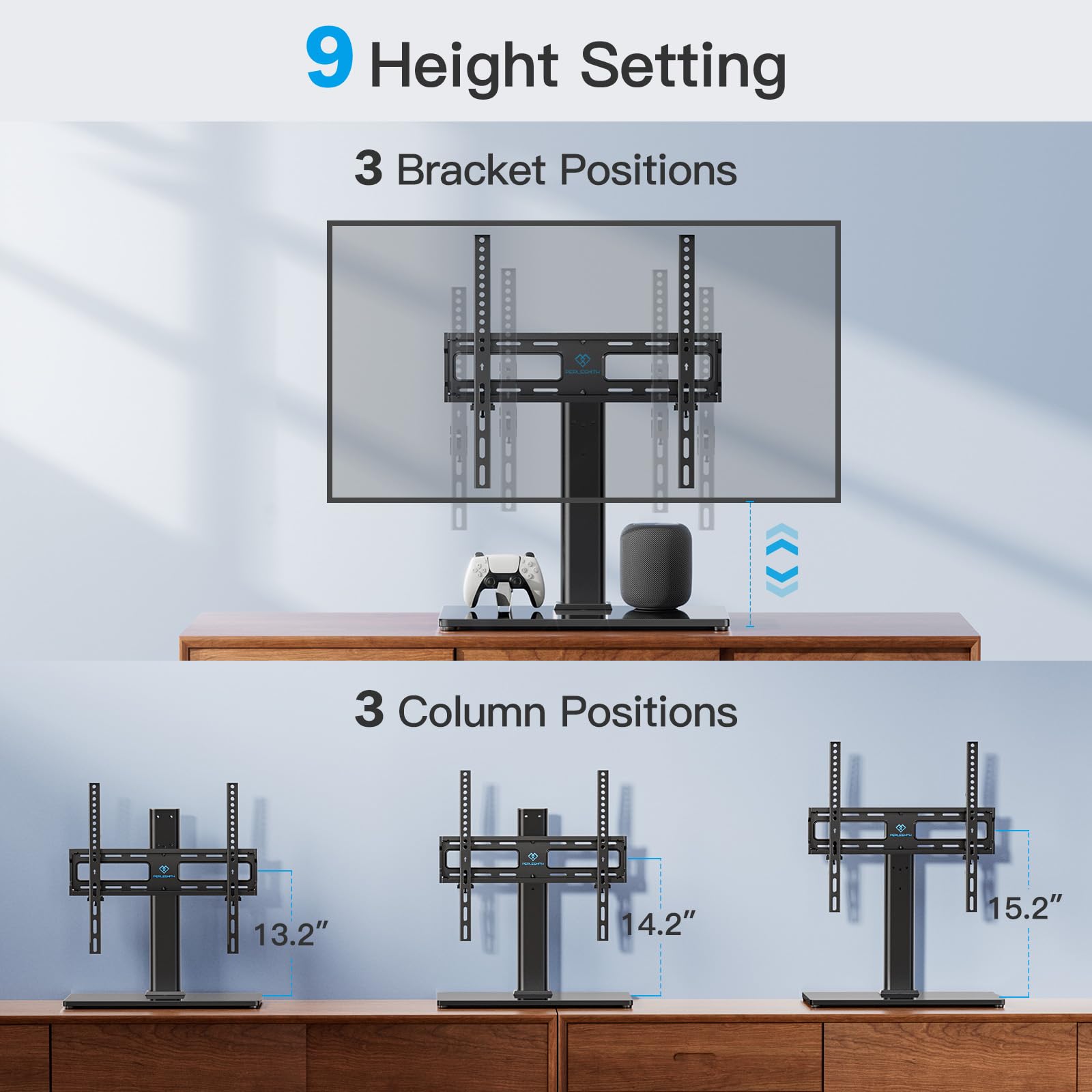 PERLESMITH Swivel Universal TV Stand/Base - Table Top TV Stand for 24-60 inch LCD LED TVs - Height Adjustable TV Mount Stand with Tempered Glass Base, VESA 400x400mm, Holds up to 99lbs PSTVS09 PERLESMITH