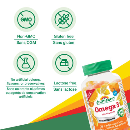 Jamieson Omega-3 Gummy with Vitamin D3, 90 Gummies, Orange and Lemon Flavours, Family Friendly (3+). Supports Brain Health and Immune Health, Non-GMO No Artificial Colours, Flavours, or Preservatives