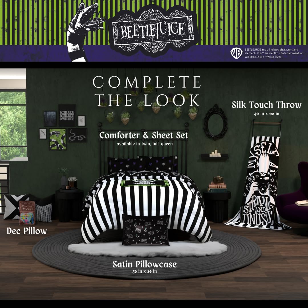 Taie d'oreiller Franco Collectibles Beetlejuice, motif film d'Halloween, en satin soyeux, standard 20x30 pour cheveux et peau, (produit sous licence officielle)