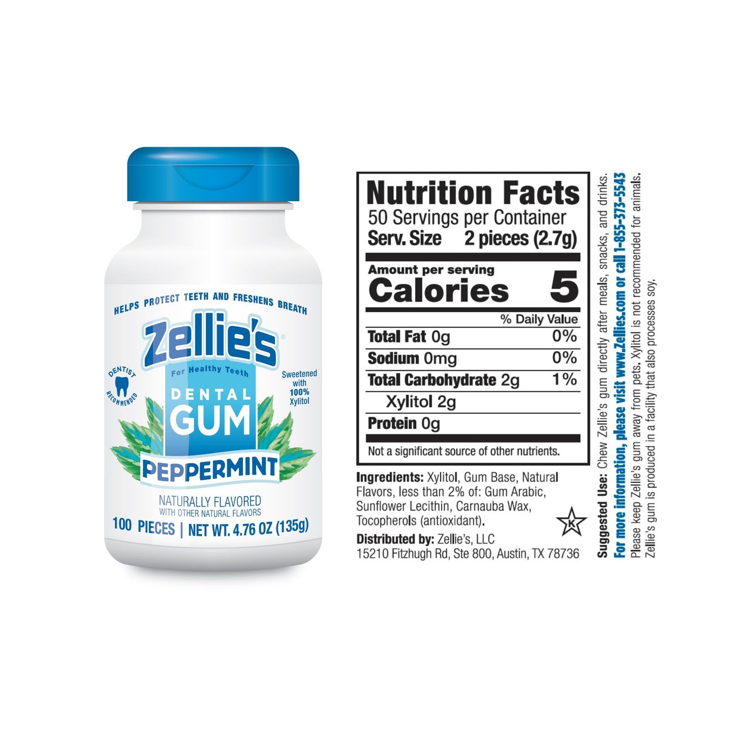 Zellie's 100% Xylitol Peppermint Chewing Gum - Sugar Free (100 Count)