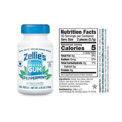 Zellie's 100% Xylitol Peppermint Chewing Gum - Sugar Free (100 Count)