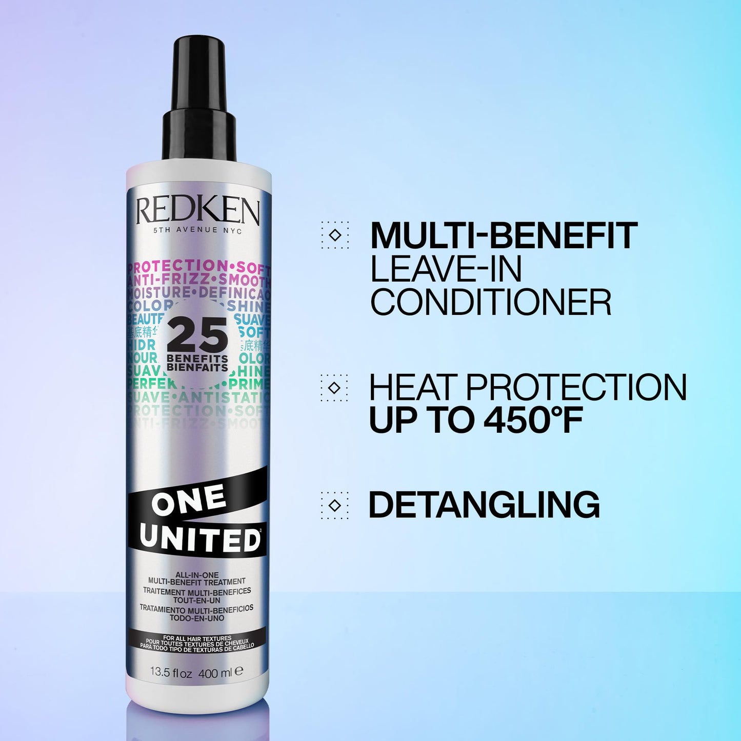 Redken One United Leave In Conditioner, Detangler Spray, Multi-Benefit Hair Treatment, Nourishes, & Smooths Frizz, Heat Protection Spray for Blow Dry & Styling, For All Hair Types, Paraben Free