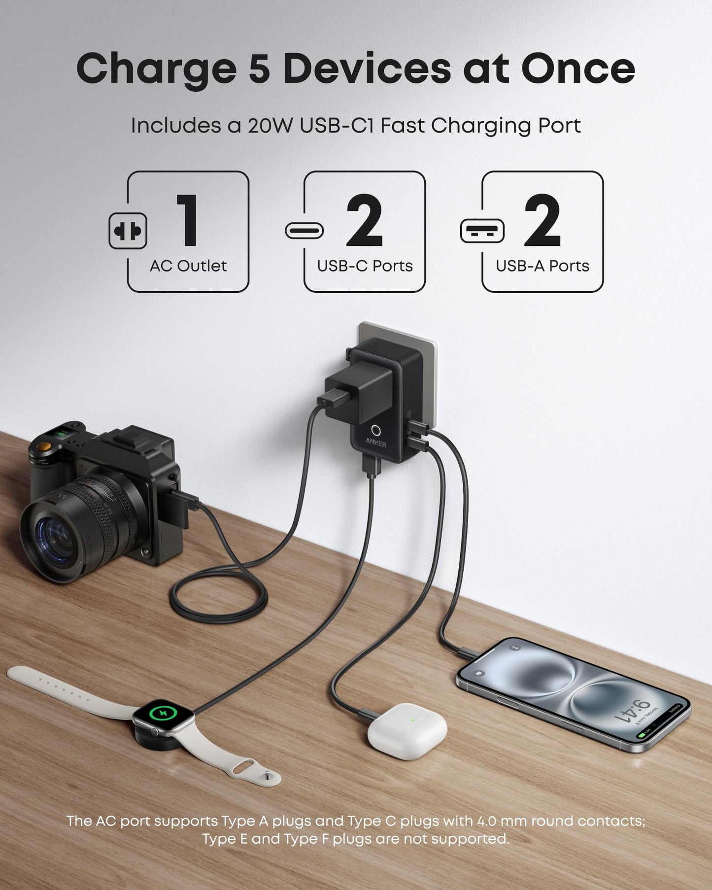 Anker Nano European Travel Plug Adapter, 5-Port Fordable Travel Adapter with 1AC 2USB-A 2USB-C Ports,Temperature Control, Essentials for Over 200 Countries, Ideal for Travel (1-Pack) (Black)