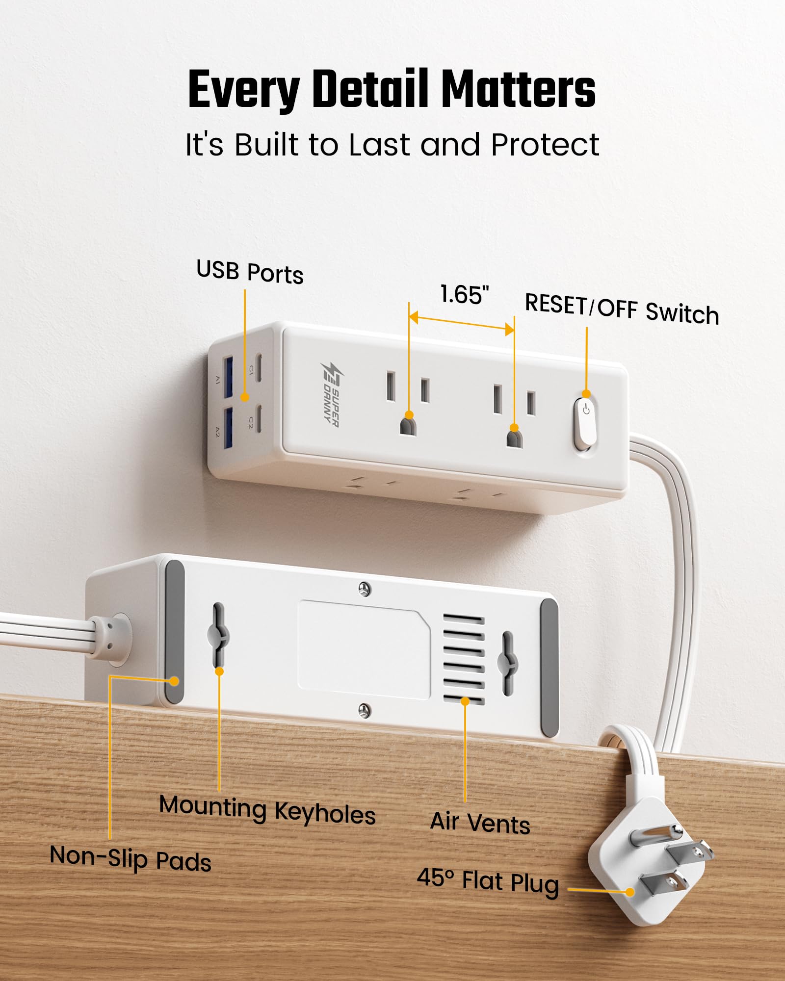 10 Ft Extension Cord, Surge Protector Power Bar with 6 Outlets & 4USB Ports (2 USB 2 C), Mountable Flat Plug Power Strip, Surge Protection for Home, Office, Dorm