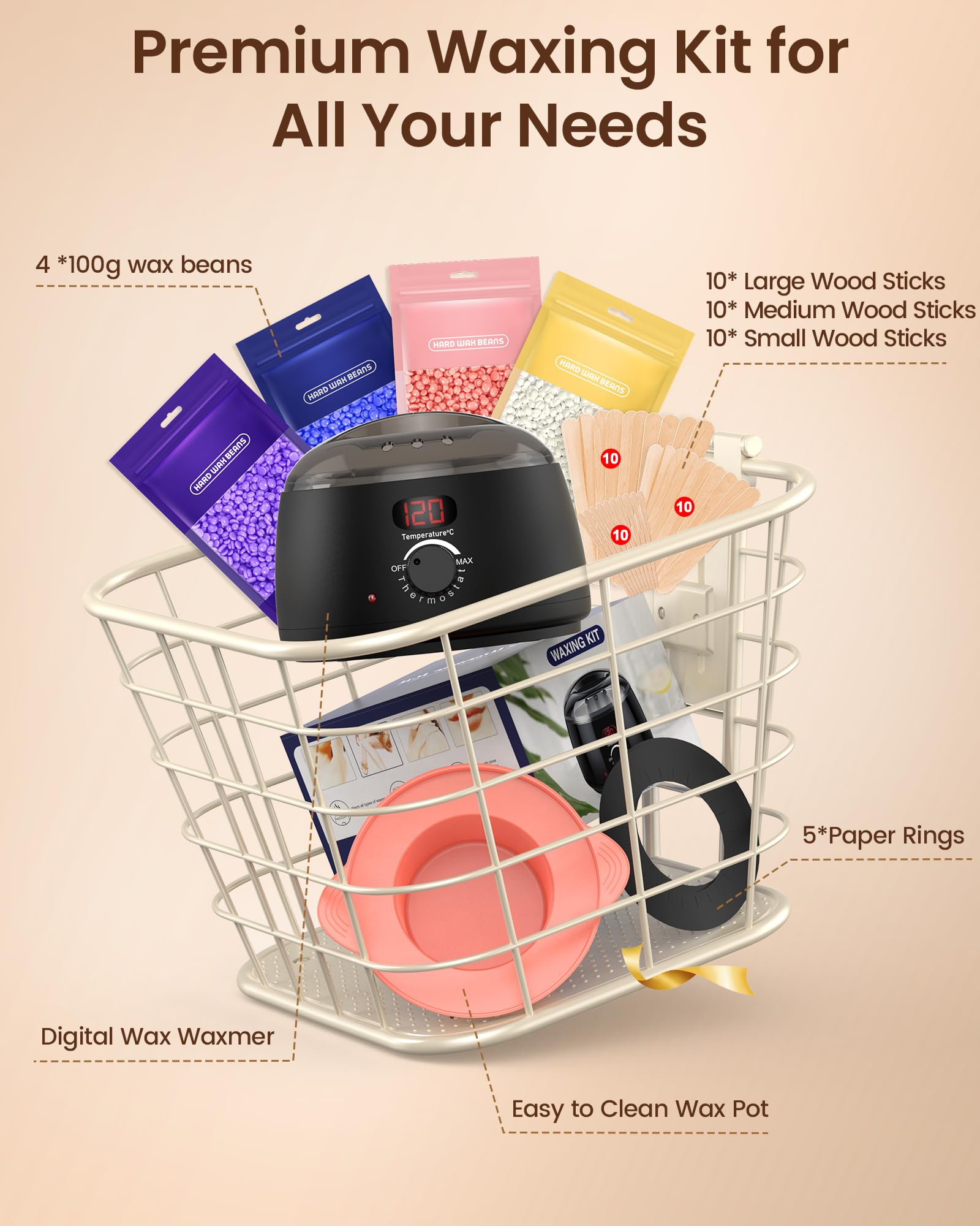 Waxing Kit for Women & Men: Digital Display Waxing Kits, Hard Wax Kit Wax Warmer for Hair Removal with 4-Pack Hard Wax Beads- All-in-One at-Home Wax Pot Machine for Brazilian, Bikini, Legs & Body - Available at All In One Marketplace Canada