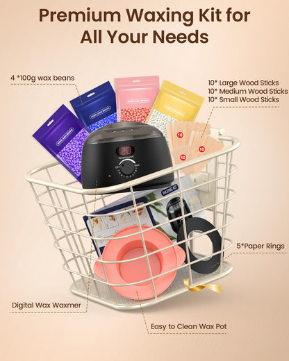 Waxing Kit for Women & Men: Digital Display Waxing Kits, Hard Wax Kit Wax Warmer for Hair Removal with 4-Pack Hard Wax Beads- All-in-One at-Home Wax Pot Machine for Brazilian, Bikini, Legs & Body - Available at All In One Marketplace Canada