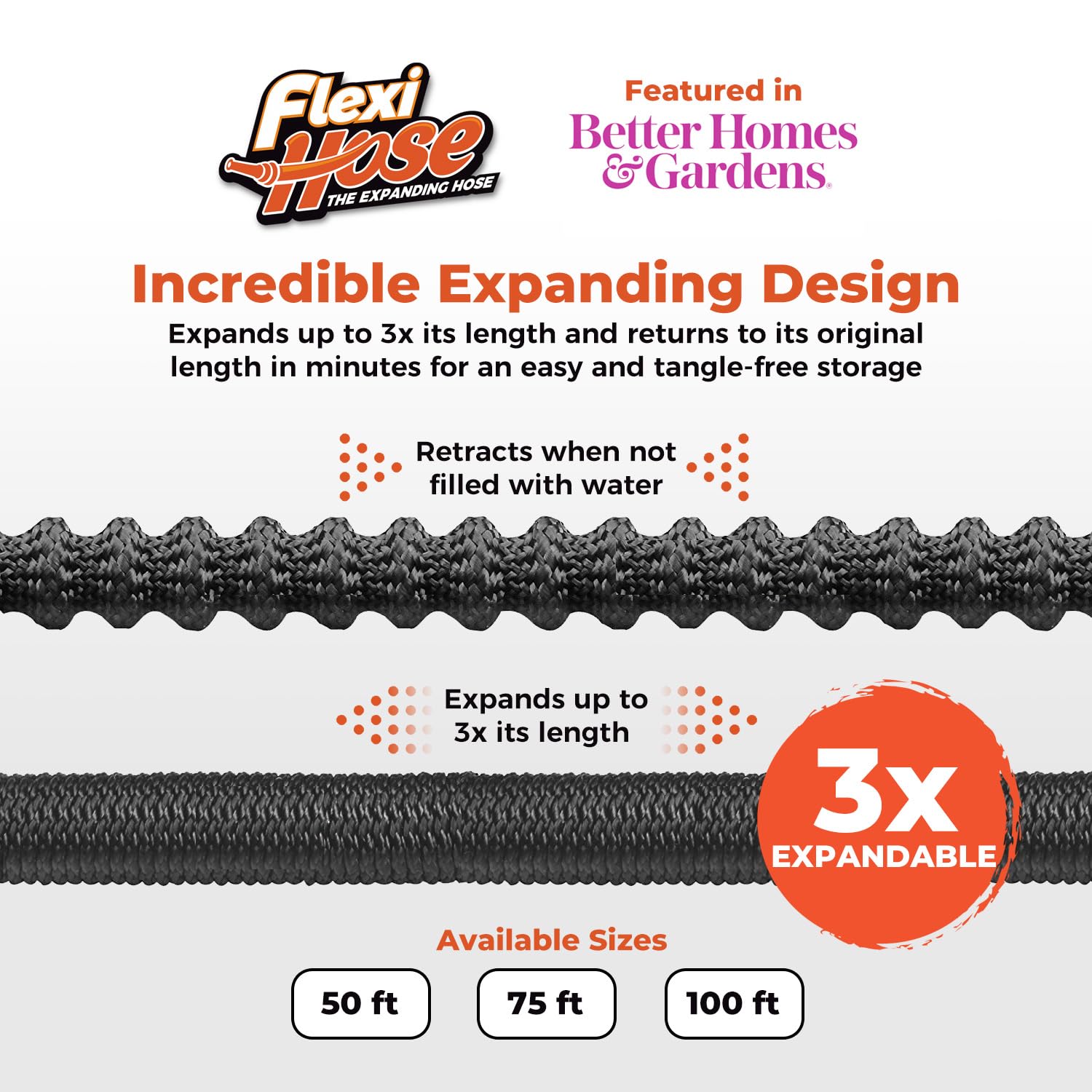 Flexi Hose Expandable Garden Hose, Lightweight & No-Kink Flexible Garden Hose, 3/4 inch Solid Brass Fittings and Double Latex Core, 100 ft Black