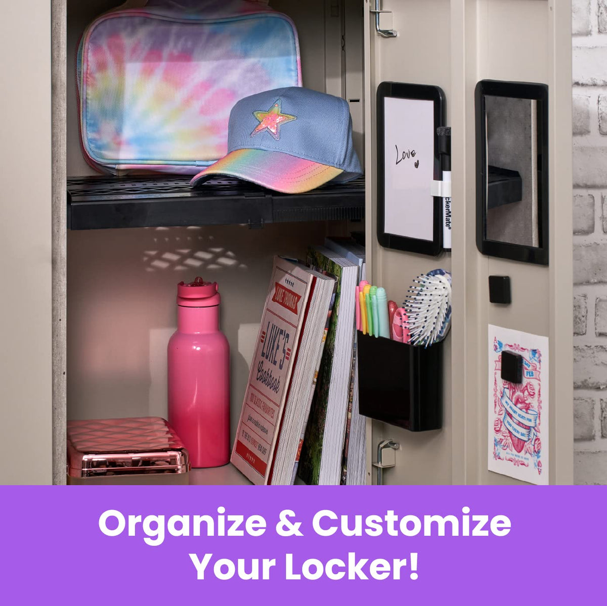 LockerMate 6-Piece Locker Organizer Kit, Includes Mirror, Whiteboard, Storage Cup & Dry Erase Marker, Black (5096-BLK)