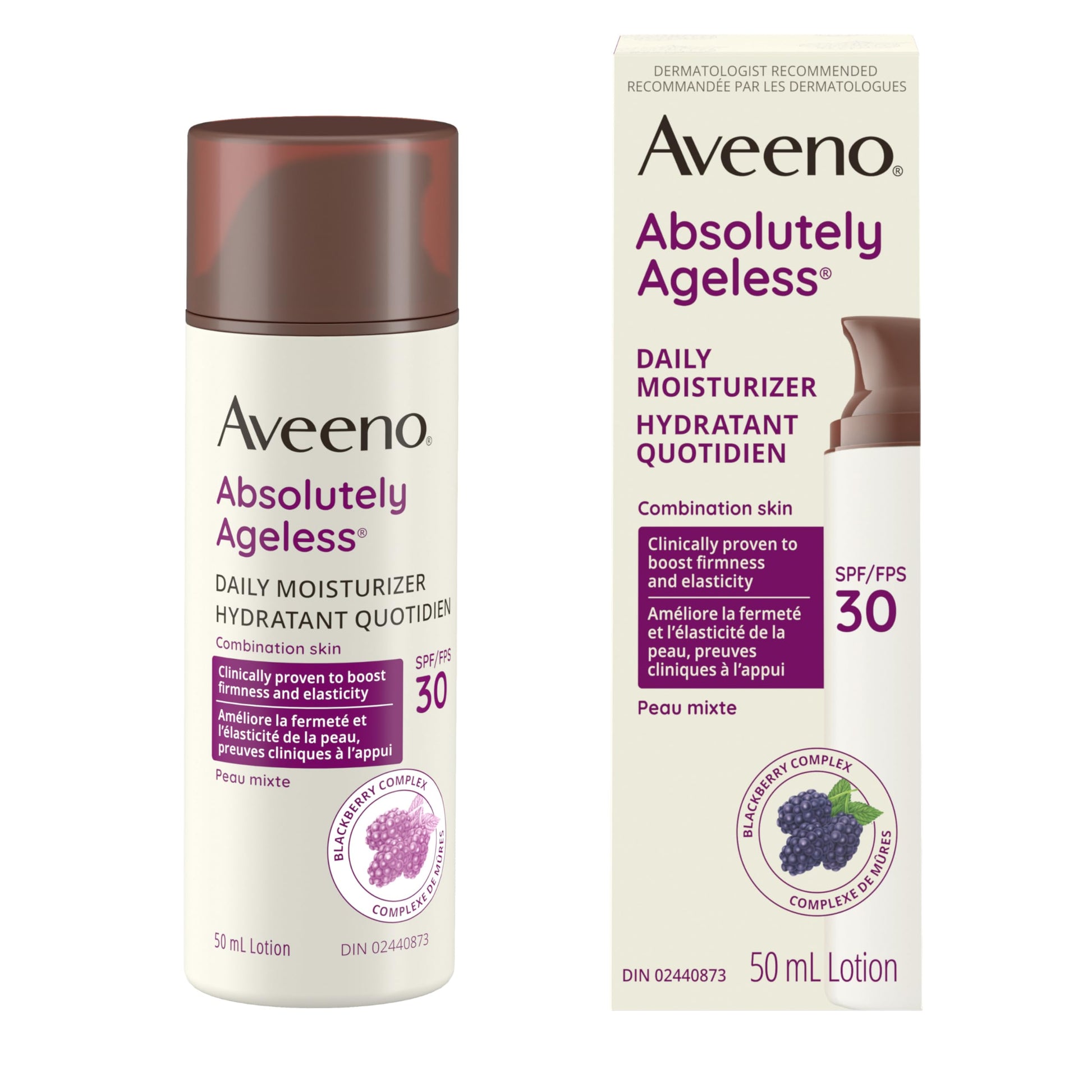 Aveeno Absolutely Ageless Daily Face Moisturizer with SPF 30 Sunscreen – Anti-Aging Wrinkle Cream with Blackberry Complex, Vitamins C & E – Hydrating Facial Moisturizer for Firmer Even Skin Tone 50 mL - Available at All In One Marketplace Canada
