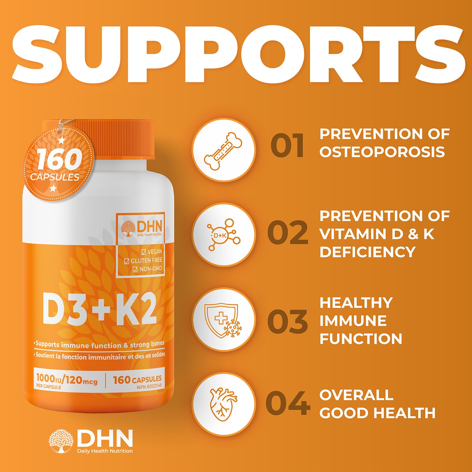 VITAMIN D3 K2 (MK-7) VEGAN | HIGH POTENCY•VALUE SIZE | Supports Prevention of Osteoporosis & Heart Calcification | Immune, Bone & Heart Health Supplement | Canadian Made Vitamin D3 Vitamin K2 - Available at All In One Marketplace Canada