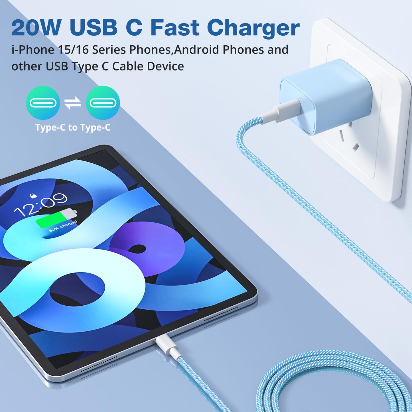 4 Pack USB C Charger for iPhone 16 15 Charger Fast Charging, 20W USB C Fast Charger Block with 6FT USB C to C Cable for iPhone 16 15 Pro Max/15 Plus/iPad Pro12.9/11,iPad Air,iPad mini Android Phones