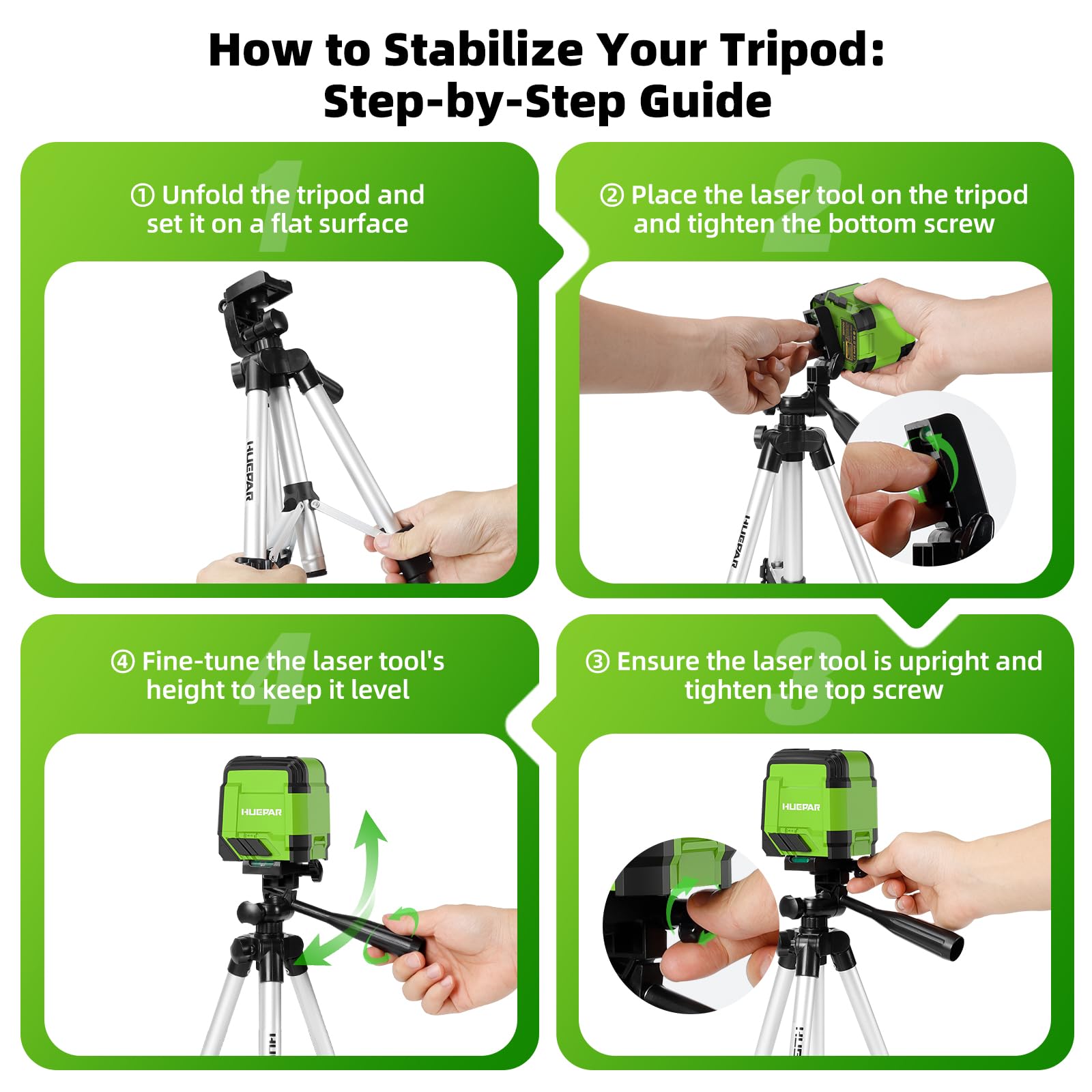 Huepar Self Leveling Laser Level with Tripod, 98Ft Green Cross Line Laser Leveler Tool for Picture Hanging, Tile, Home Renovation, Indoor Project, Battery Included, 40in Tripod - Available at All In One Marketplace Canada