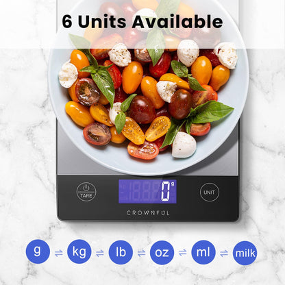 CROWNFUL Food Scale, Rechargeable 304 Stainless Steel Digital Kitchen Scale Up to 15kg/33lb Weight Grams and Ounces with LCD Display and Type-C Charging for Baking and Cooking - Available at All In One Marketplace Canada