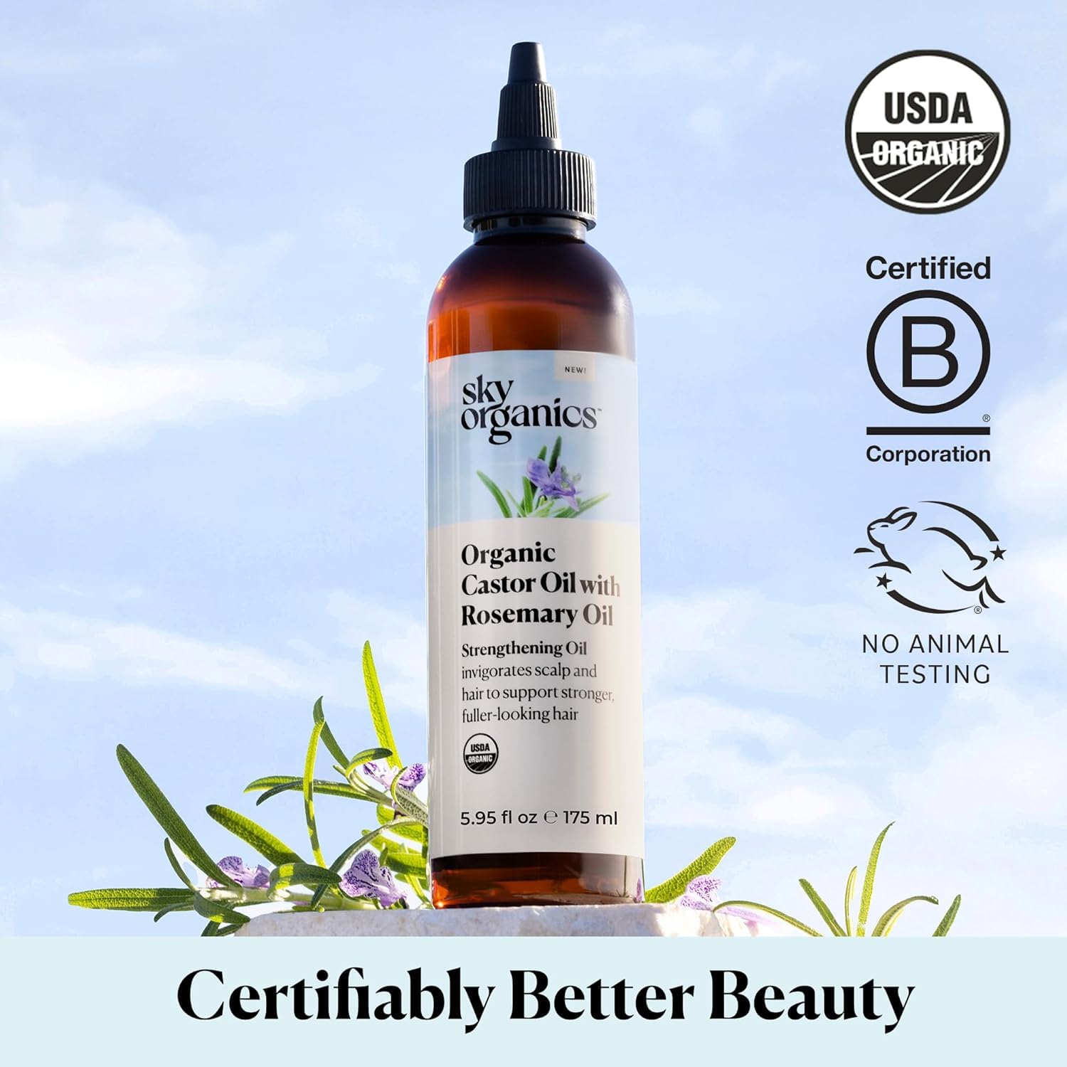 Sky Organics USDA Organic Castor Oil and Rosemary Oil, Strengthening Hair Oil Blend, Pure & Potent, Hexane-Free, Invigorates Scalp, Supports Fuller-Looking Hair, 6 fl oz - Available at All In One Marketplace Canada