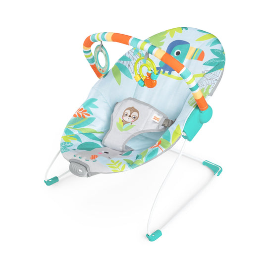 Bright Starts Rainforest Vibes 3-Point Harness Vibrating Baby Bouncer with -Toy bar