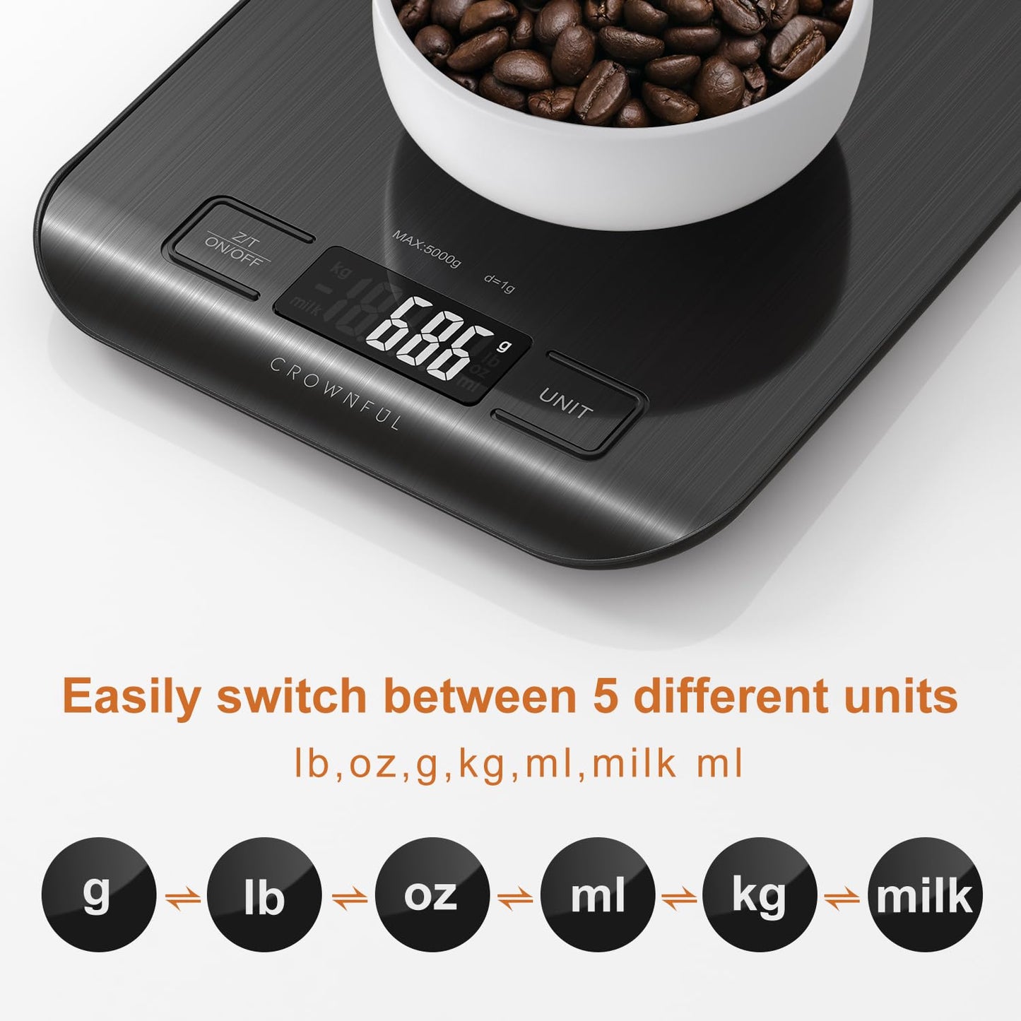 CROWNFUL Food Scale, 5kg/11lb Digital Kitchen Scales Weight Ounces and Grams for Cooking and Baking, 6 Units with Tare Function, Black (Battery Included)