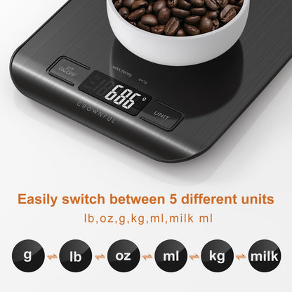 CROWNFUL Food Scale, 5kg/11lb Digital Kitchen Scales Weight Ounces and Grams for Cooking and Baking, 6 Units with Tare Function, Black (Battery Included)