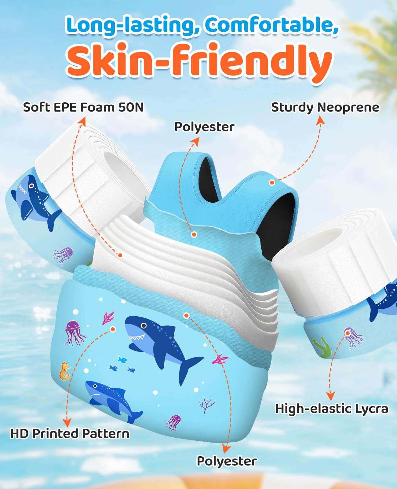 HeySplash Swim Vest for Kids, Toddler Pool Floaties Fit 33-66 Lbs, Puddle Jumper with Double Adjustable Strap, Swim Jacket Water Wing Arm Float, Sea Boat Flotation Device Boy Girl,Blue Shark