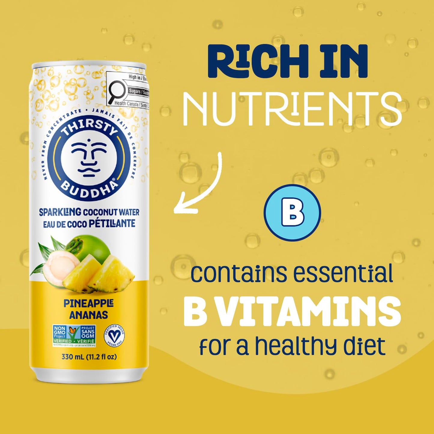 THIRSTY BUDDHA Sparkling Coconut Water with Pineapple – Sugar-Free, Electrolyte-Rich Hydration, 12 Pack (12 x 330ml)