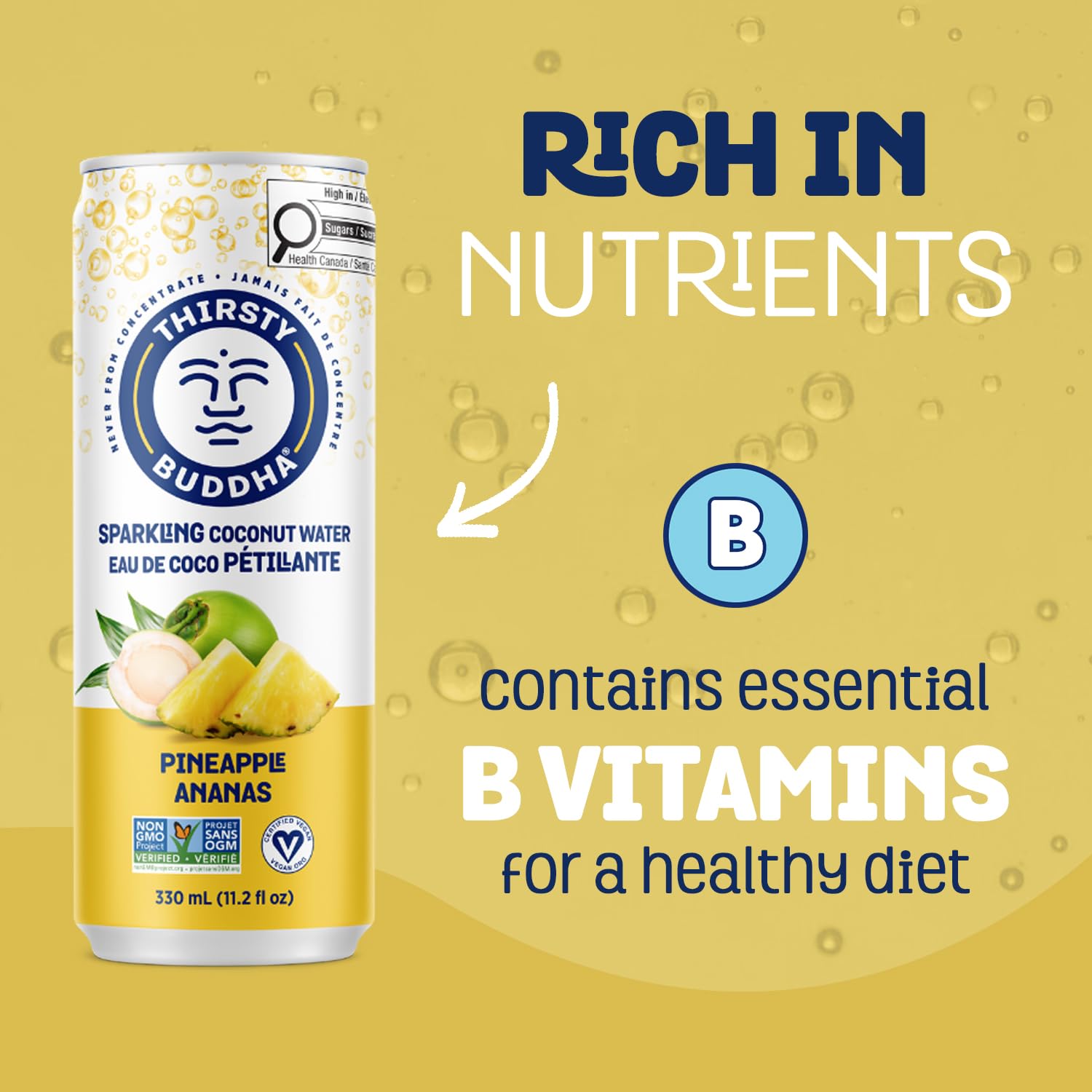 THIRSTY BUDDHA Sparkling Coconut Water with Pineapple – Sugar-Free, Electrolyte-Rich Hydration, 12 Pack (12 x 330ml)