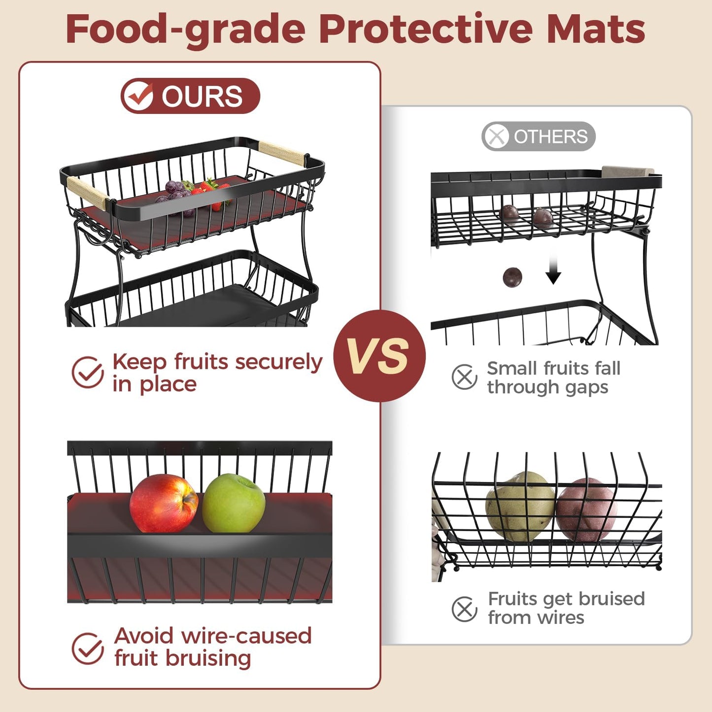 2 Tier Large Fruit Bowl for Kitchen Counter with 2 Banana Holders,2026 Sturdy Metal Fruit Basket with Protective Mats Keeping Fruits Fresh,Kitchen Organizers and Storage for Bread Potato Onion Storage - Available at All In One Marketplace Canada