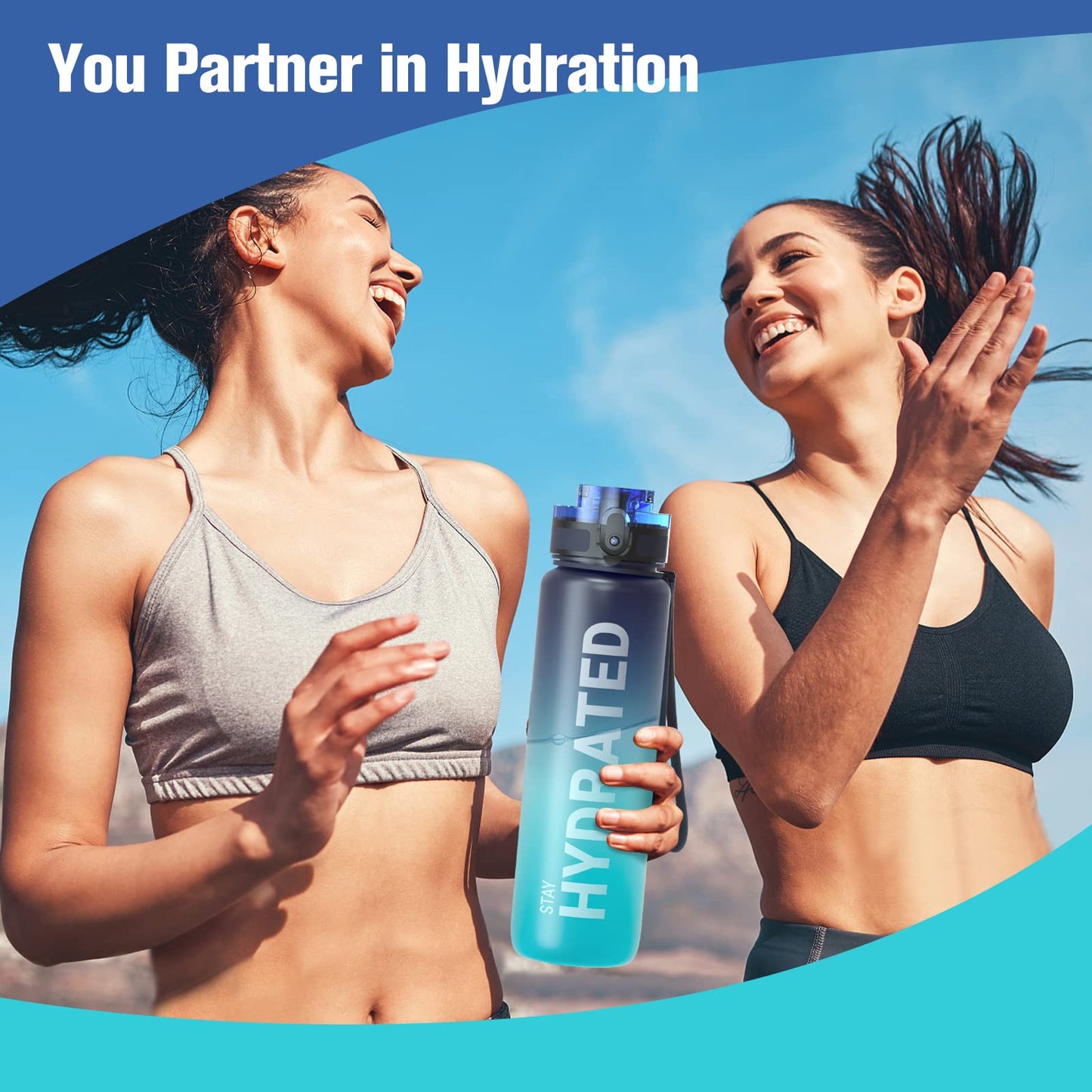 Sahara Sailor Water Bottle, 32oz Motivational Sports Water Bottle with Time Marker - Times to Drink - Tritan, BPA Free, Wide Mouth Leakproof, Fast Flow Technology with Clean Brush (1 Bottle)