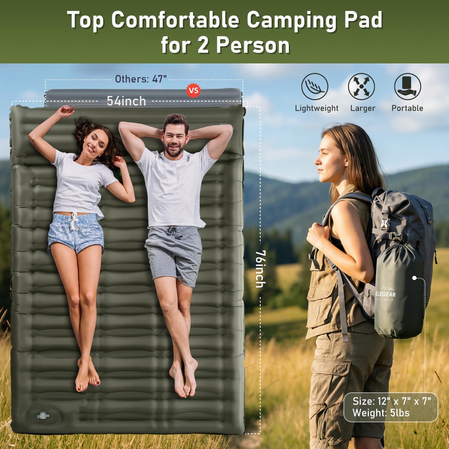 Double Camping Sleeping Pad 5.5", Elegear CumbreX™Self Inflating Air Sleeping Mats with Pillow Built-in Foot Pump, Inflatable Camping Mattress Compact for Tent,Cot Backpacking,Hiking,Camp,Travel,Green