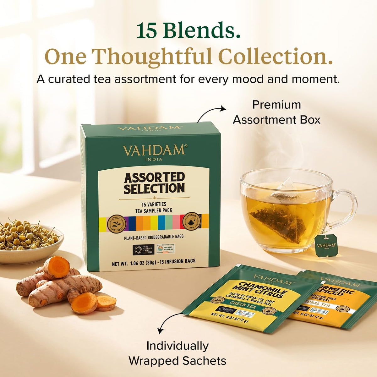 VAHDAM Assorted Tea Sampler (15 Unique Flavors in Pyramid Teabags) Tea Gift 🍁 All In One Marketplace Canada