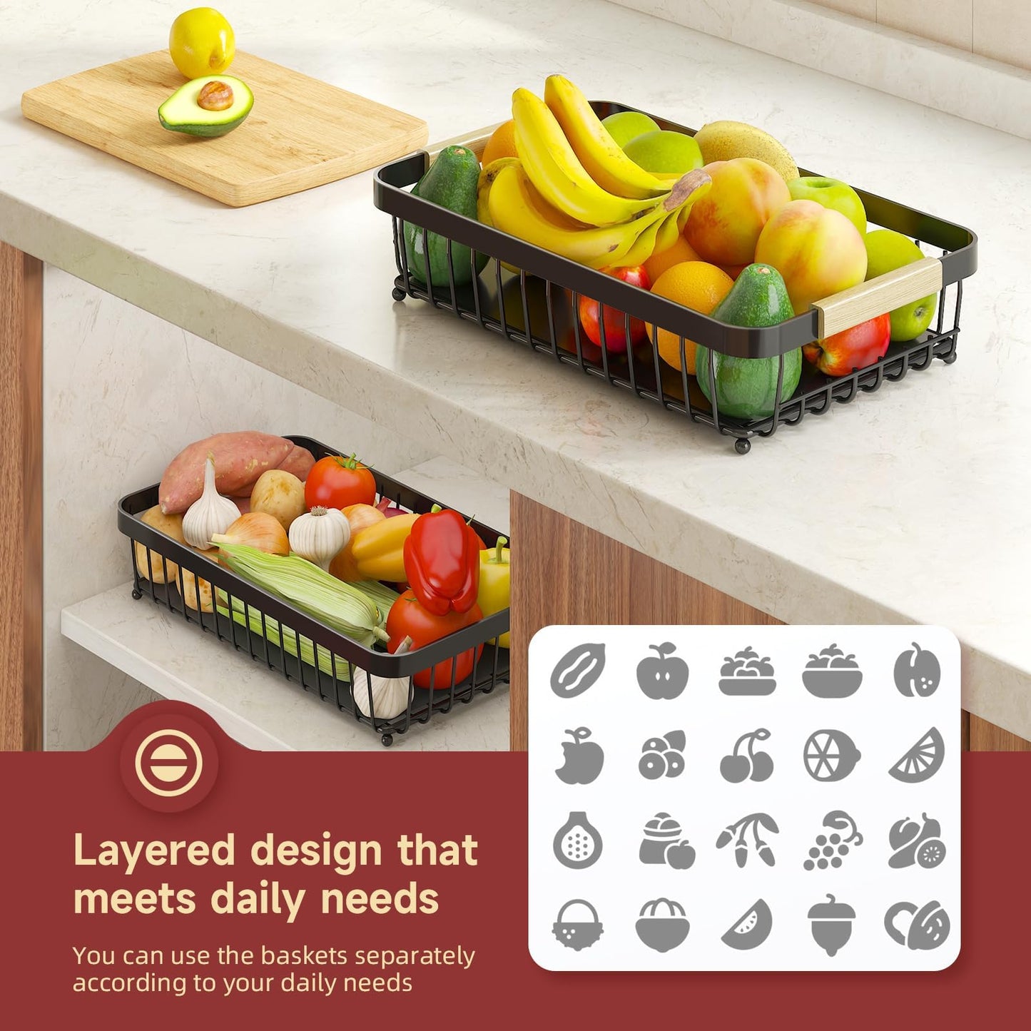 2 Tier Large Fruit Bowl for Kitchen Counter with 2 Banana Holders,2026 Sturdy Metal Fruit Basket with Protective Mats Keeping Fruits Fresh,Kitchen Organizers and Storage for Bread Potato Onion Storage - Available at All In One Marketplace Canada