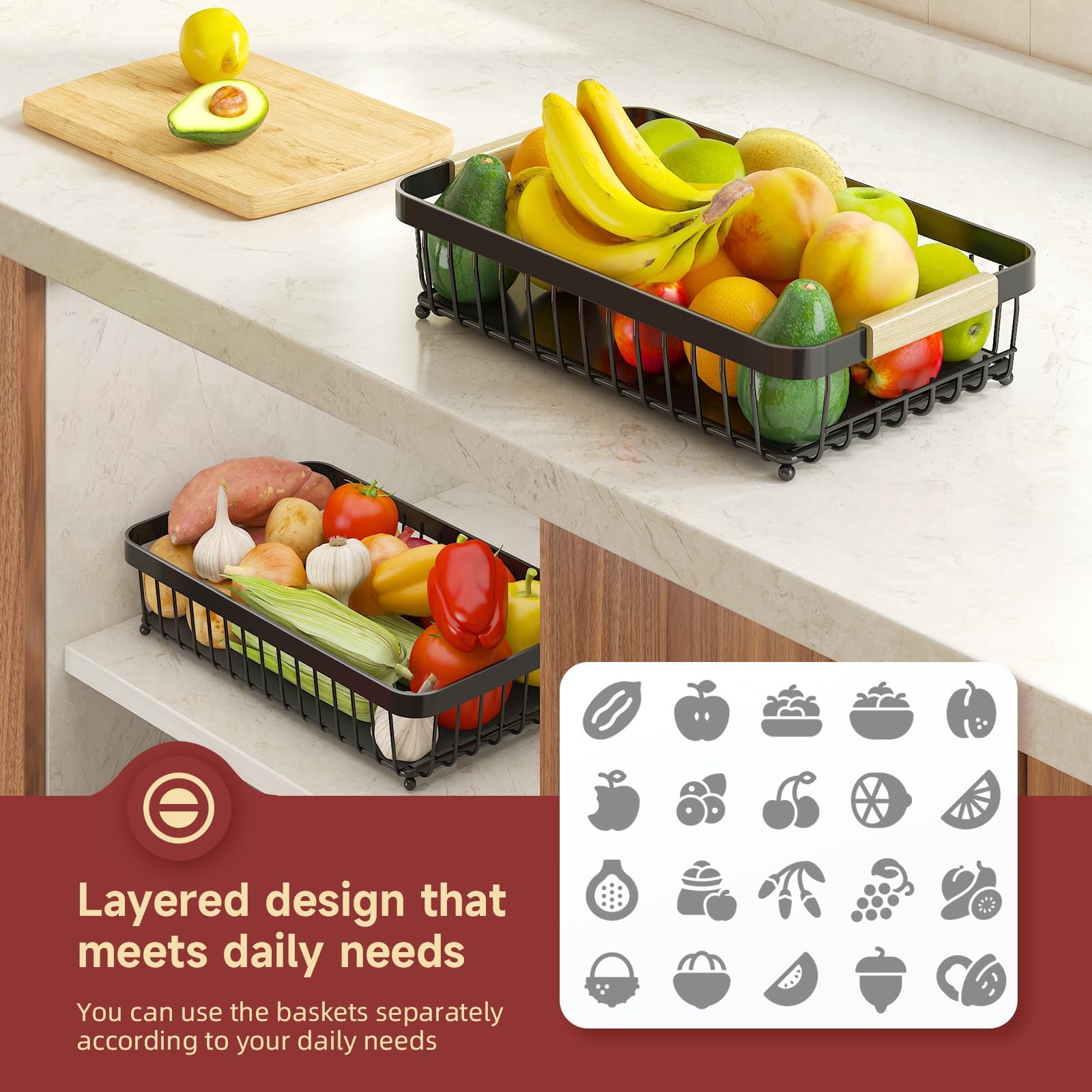 2 Tier Large Fruit Bowl for Kitchen Counter with 2 Banana Holders,2026 Sturdy Metal Fruit Basket with Protective Mats Keeping Fruits Fresh,Kitchen Organizers and Storage for Bread Potato Onion Storage - Available at All In One Marketplace Canada