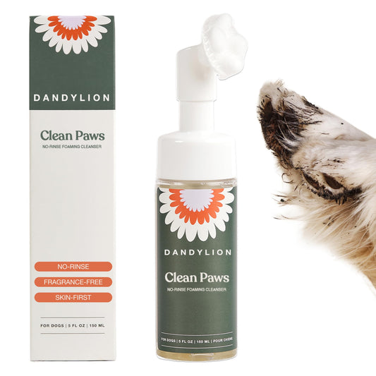 Dandylion Dog Paw Cleaner, Clean Paws, Dog Paw Washer, No Rinse Foam Cleaner for Dogs, Fragrance Free pH Balanced Foaming Washer with Silicone Brush, Pet Cleaning Supplies, 5 fl oz