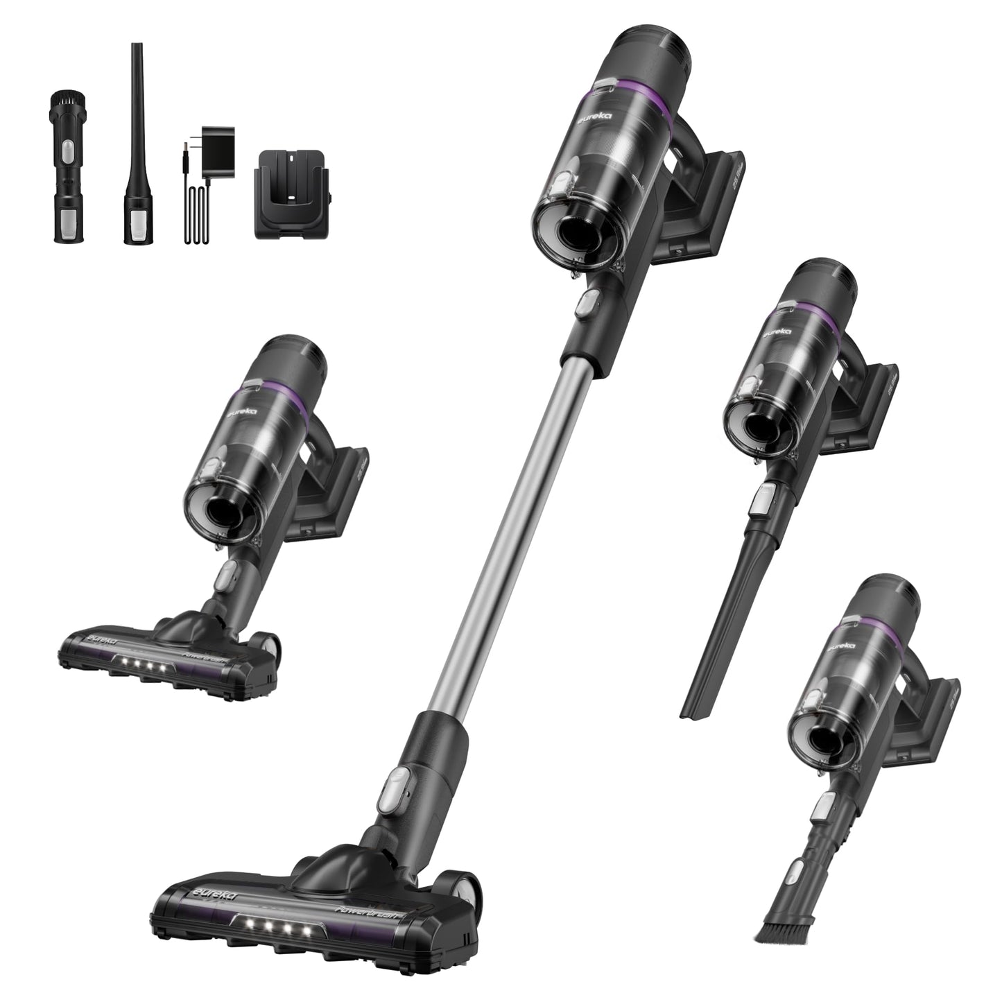 Eureka Cordless Vacuum Cleaner Powerful for Hard Floor and Pet Hair, Lightweight Portable Convenient Cordless Stick and Handheld Vacuum LED Headlight, Black, ReactiClean NEC410BK w/Detachable Battery EUREKA