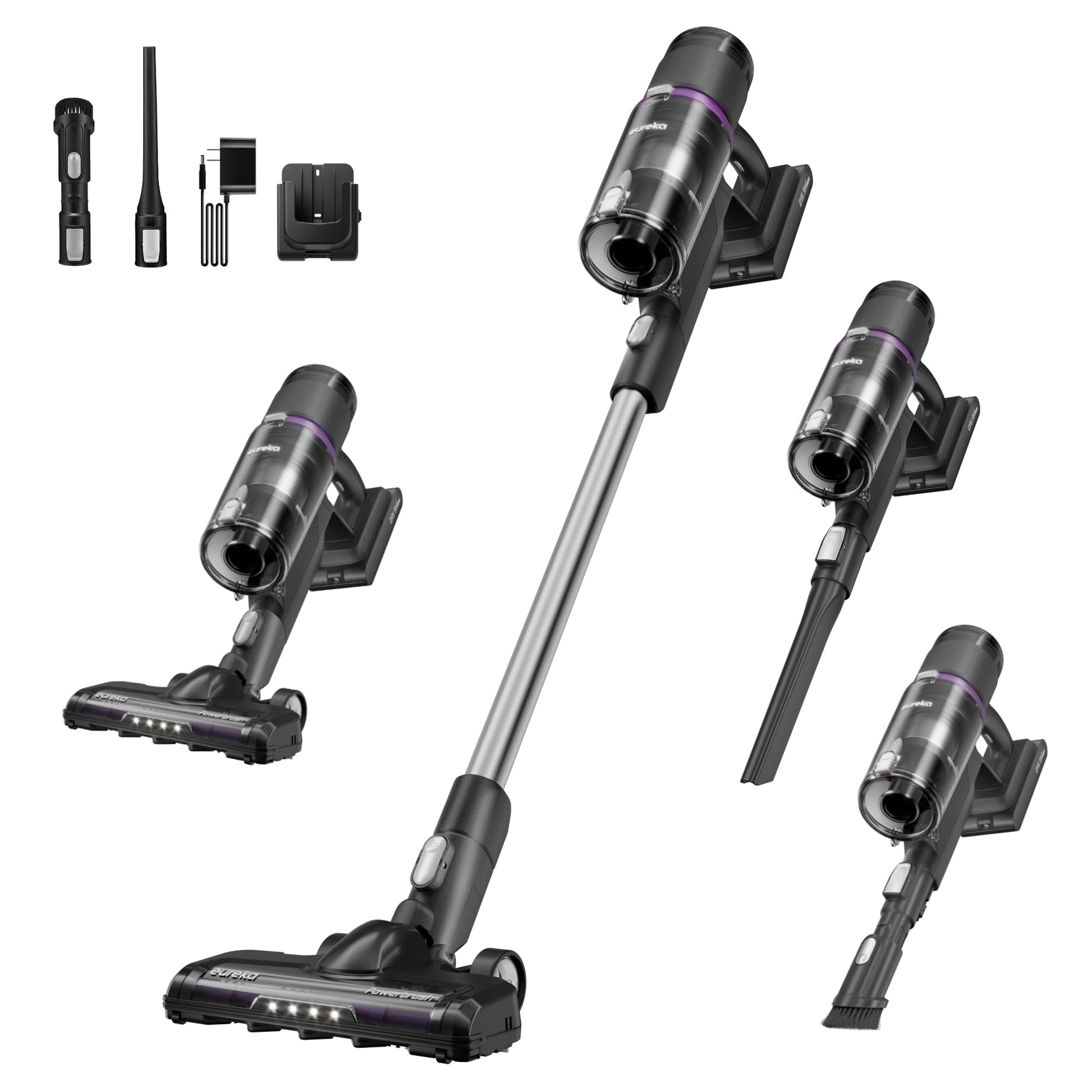 Eureka Cordless Vacuum Cleaner Powerful for Hard Floor and Pet Hair, Lightweight Portable Convenient Cordless Stick and Handheld Vacuum LED Headlight, Black, ReactiClean NEC410BK w/Detachable Battery EUREKA