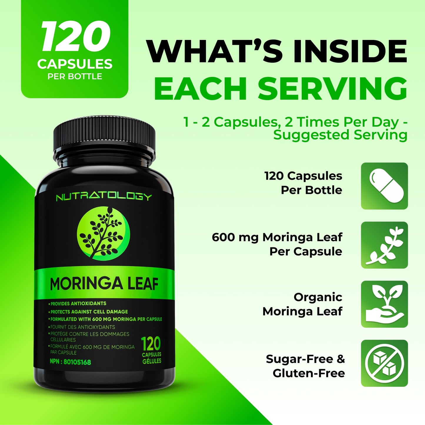 Nutratology® Organic Moringa Leaf Capsules | 1200MG Per Serving | Canadian-Made | Provides Powerful Antioxidants - Protects Against Cell Damage, Supports Liver Detox & Gut Health - 120 Caps - Available at All In One Marketplace Canada