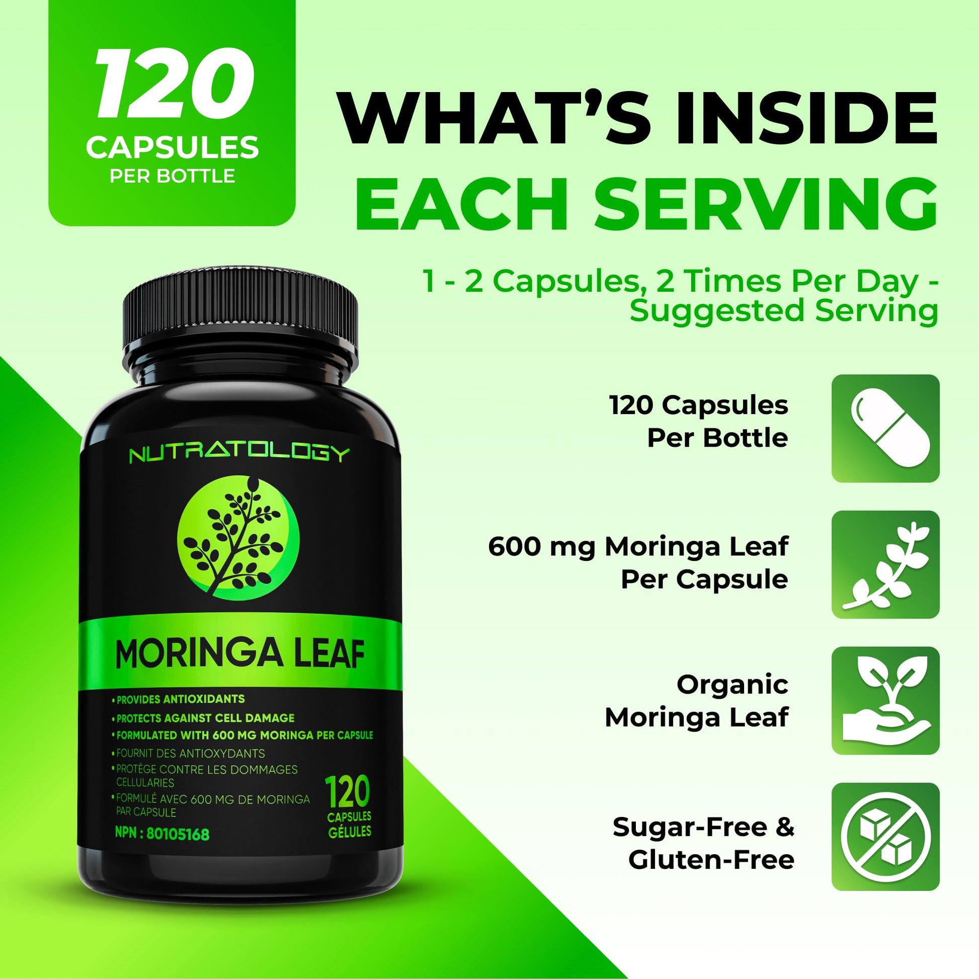 Nutratology® Organic Moringa Leaf Capsules | 1200MG Per Serving | Canadian-Made | Provides Powerful Antioxidants - Protects Against Cell Damage, Supports Liver Detox & Gut Health - 120 Caps - Available at All In One Marketplace Canada