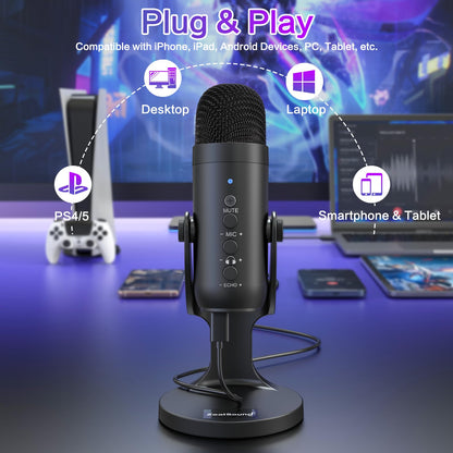 ZealSound Podcast Microphone for PC, Noise Cancellation USB Mic with Gain, Volume Adjustment & Mute Button, Monitoring & Echo, for YouTube, TikTok, Podcasting, Streaming, iPhone, iPad, Android, Mac