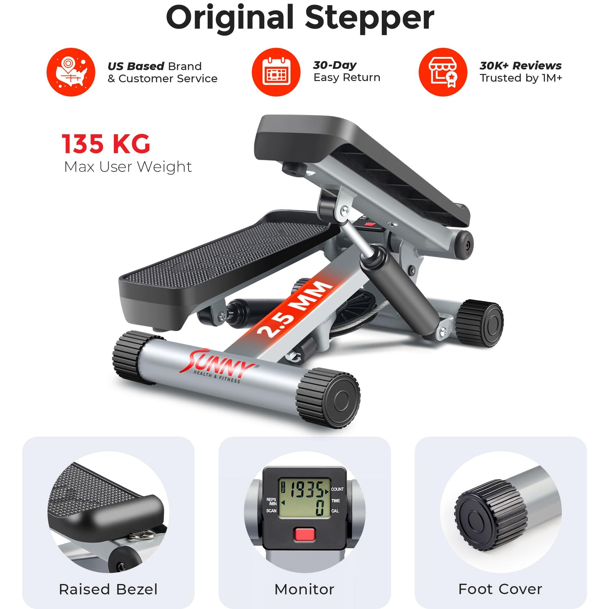 Sunny Health & Fitness Mini Stepper for Exercise, Low-Impact Stair Step Cardio Equipment with Resistance Bands, Digital Monitor - NO. 012-S
