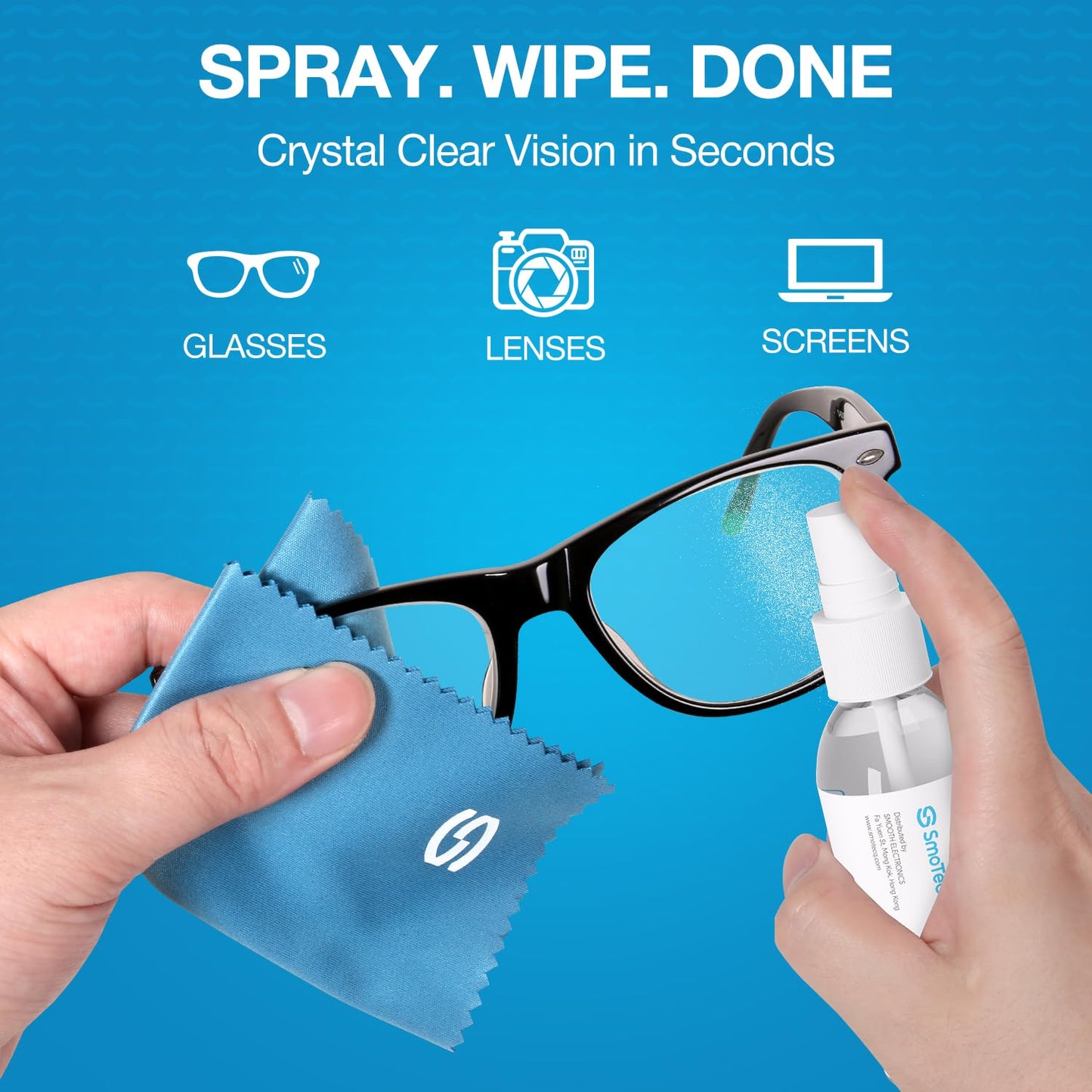 SmoTecQ Glasses Cleaner Kit – Alcohol-Free, Plant-Based Spray + Ultra-Soft Microfiber Cloths for Eyeglasses, Screens & Cameras – 2 x 2oz Spray Bottles + 2 Cloths + Travel Pouch Set - Available at All In One Marketplace Canada
